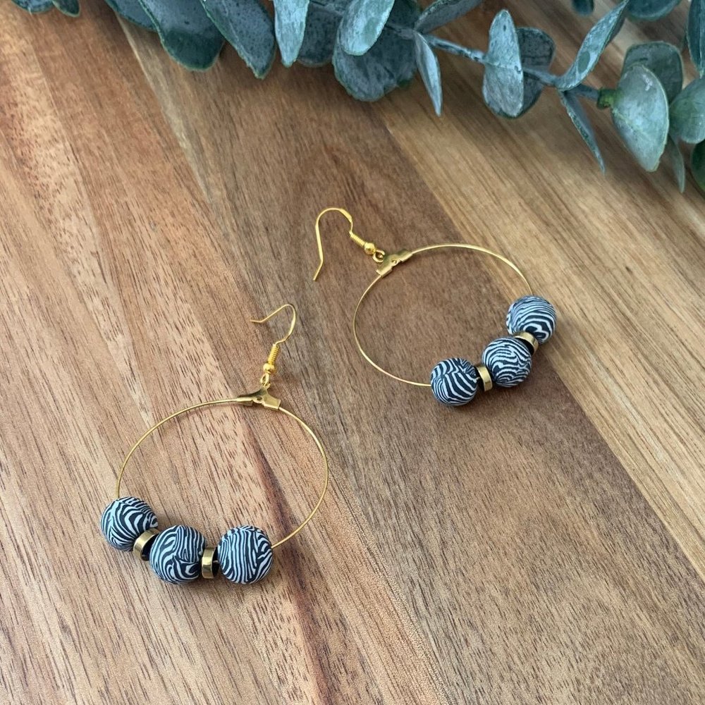 Zebra Print and Gold Bead Hoop Earrings